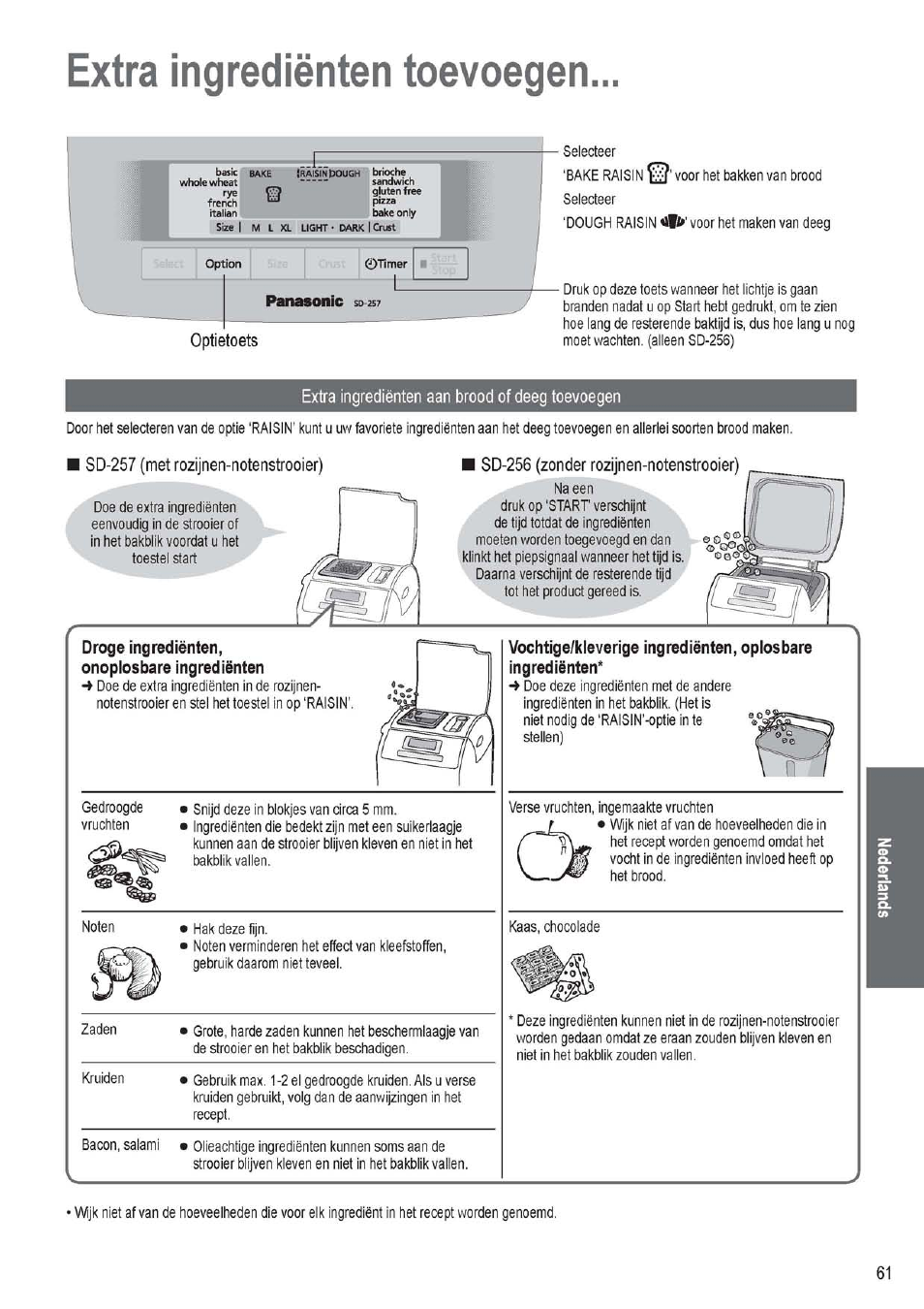 Extra ingredìènten toevoegen, Optietoets, Extra ingrediènten aan brood of deeg toevoegen | Sd-257 (met rozijnen-notenstrooier), Droge ingredienten, onoplosbare ingredienten, Extra ingredienten toevoegen, Panasonic sd-257 | Panasonic SD256WTS User Manual | Page 61 / 94