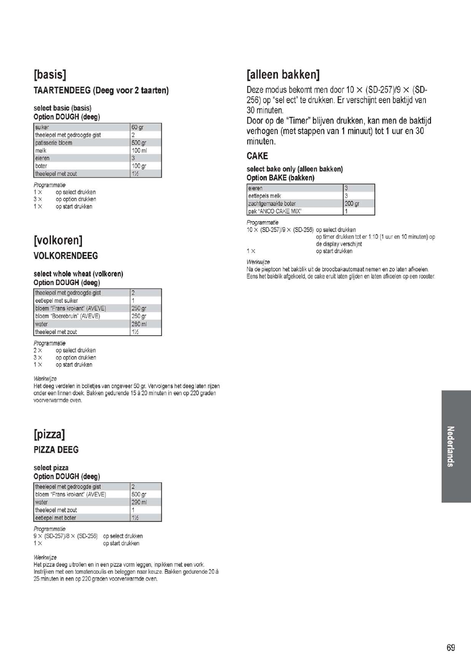 Taartendeeg (deeg voor 2 taarten), Volkorendeeg, Cake | Pizza deeg, Pizza, Basis, Volkoren, Alleen bakken | Panasonic SD256WTS User Manual | Page 69 / 94