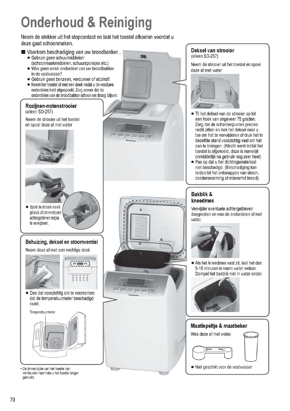 Onderhoud & reiniging, Voorkom beschadiging van uw broodbakker, Deksei van strooier | Rozijnen-notenstrooier | Panasonic SD256WTS User Manual | Page 70 / 94