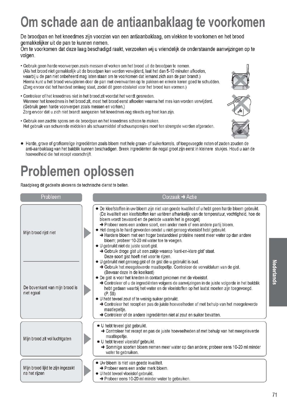 Om schade aan de antiaanbaklaag te voorkomen, Problemen oplossen, Oorzaak •¥ actie | Om schade aan de antiaanbakiaag te voorkomen, Problemen opiossen | Panasonic SD256WTS User Manual | Page 71 / 94