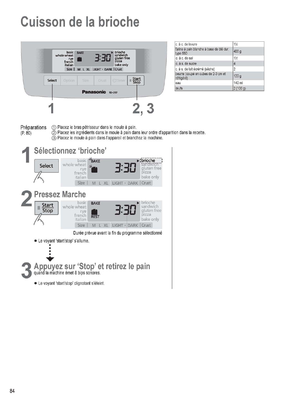 Sélectionnez ‘brioche, 2 pressez marche, Start | Appuyez sur ‘stop’ et retirez le pain, Cuisson de la brioche | Panasonic SD256WTS User Manual | Page 84 / 94