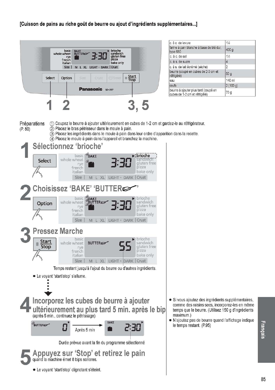 Sélectionnez ‘brioche, Select, Choisissez ‘bake’ ‘butters | Option, Pressez marche, Start, Appuyez sur ‘stop’ et retirez le pain | Panasonic SD256WTS User Manual | Page 85 / 94