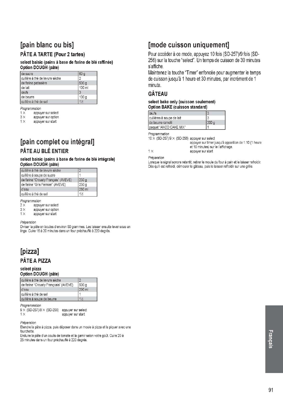 Pâte a tarte (pour 2 tartes), Gâteau, Pâte au blé entier | Pâte a pizza, Pizza, Pain blanc ou bis, Mode cuisson uniquement, Pain complet ou intégral | Panasonic SD256WTS User Manual | Page 91 / 94