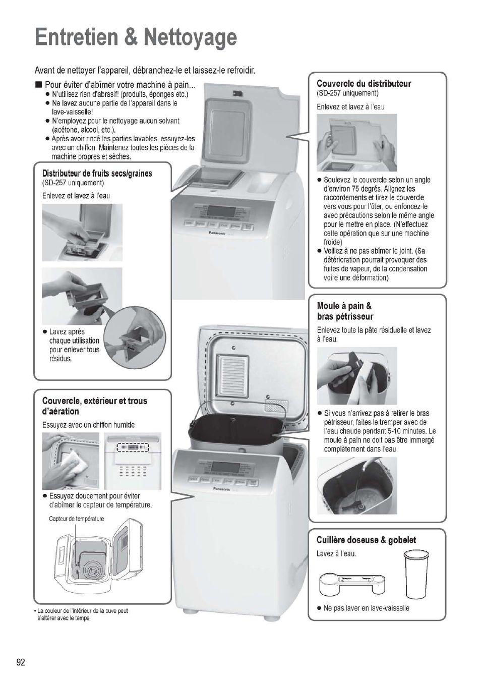 Entretien & nettoyage, Pour éviter d’abîmer votre machine à pain, Distributeur de fruits secs/graines | Couvercle, extérieur et trous d’aération, Cuillère doseuse & gobelet | Panasonic SD256WTS User Manual | Page 92 / 94