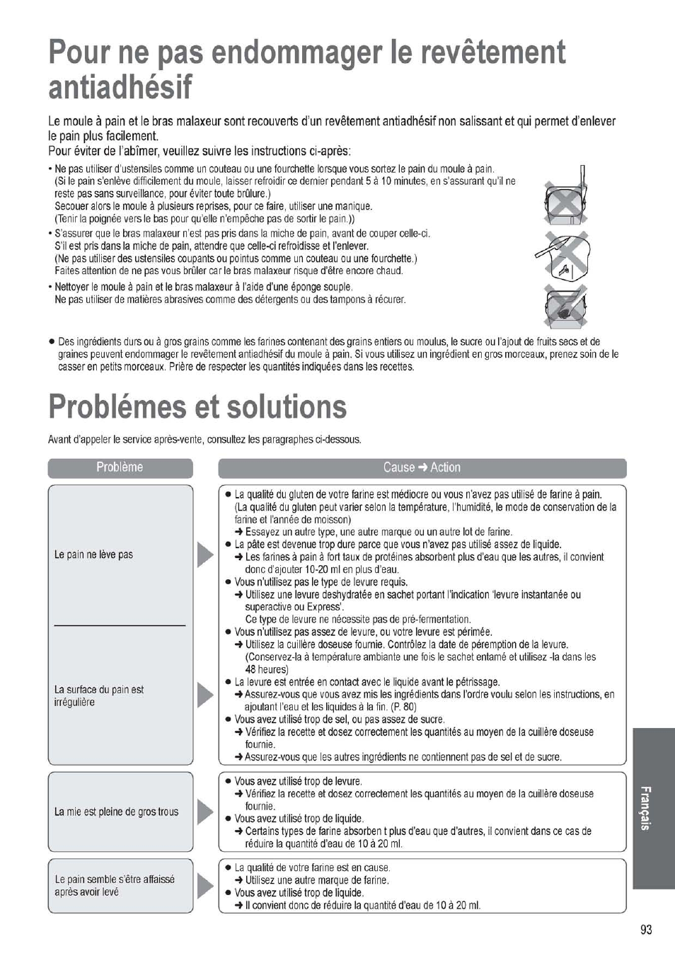 Pour ne pas endommager le revêtement antiadhésif, Problèmes et solutions, Cause -> action | Panasonic SD256WTS User Manual | Page 93 / 94