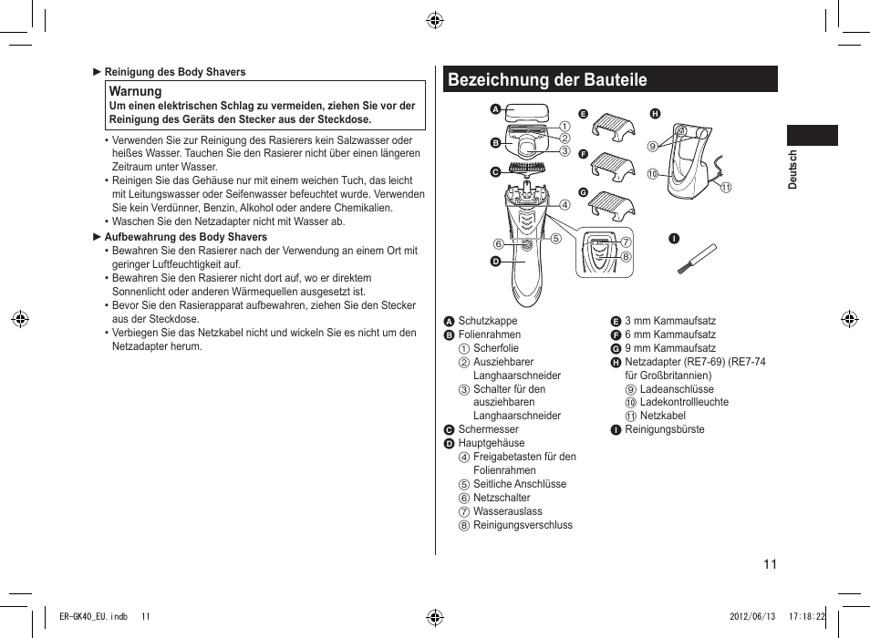 Bezeichnung der bauteile | Panasonic ERGK40 User Manual | Page 11 / 140