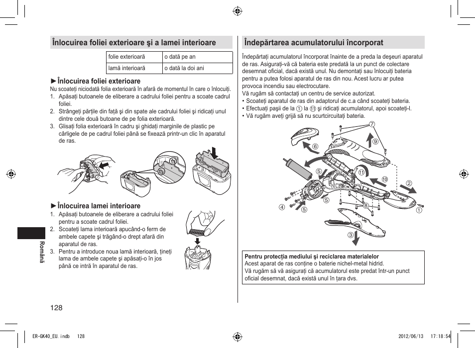 Înlocuirea foliei exterioare şi a lamei interioare, Îndepărtarea acumulatorului încorporat | Panasonic ERGK40 User Manual | Page 128 / 140