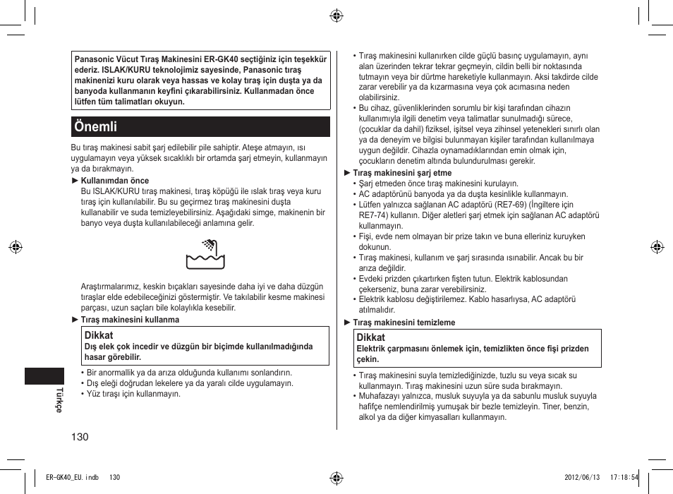 Önemli | Panasonic ERGK40 User Manual | Page 130 / 140