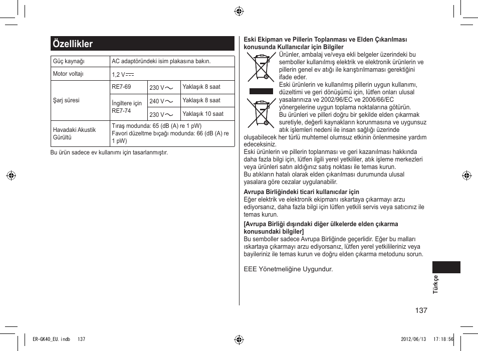 Özellikler | Panasonic ERGK40 User Manual | Page 137 / 140