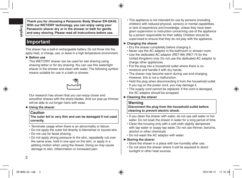 Important | Panasonic ERGK40 User Manual | Page 2 / 140