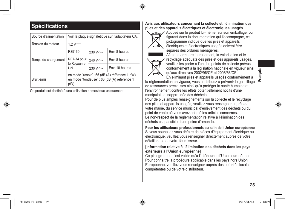 Spécifications | Panasonic ERGK40 User Manual | Page 25 / 140