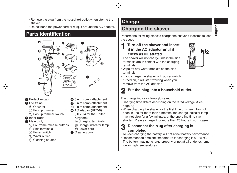 Parts identification, Charge charging the shaver | Panasonic ERGK40 User Manual | Page 3 / 140