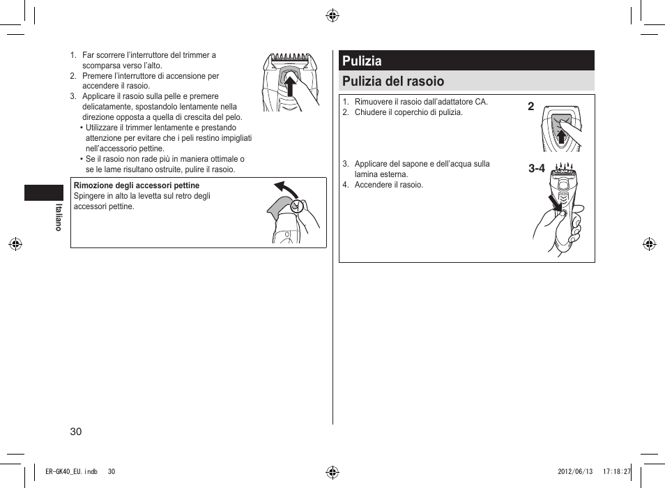 Pulizia pulizia del rasoio | Panasonic ERGK40 User Manual | Page 30 / 140