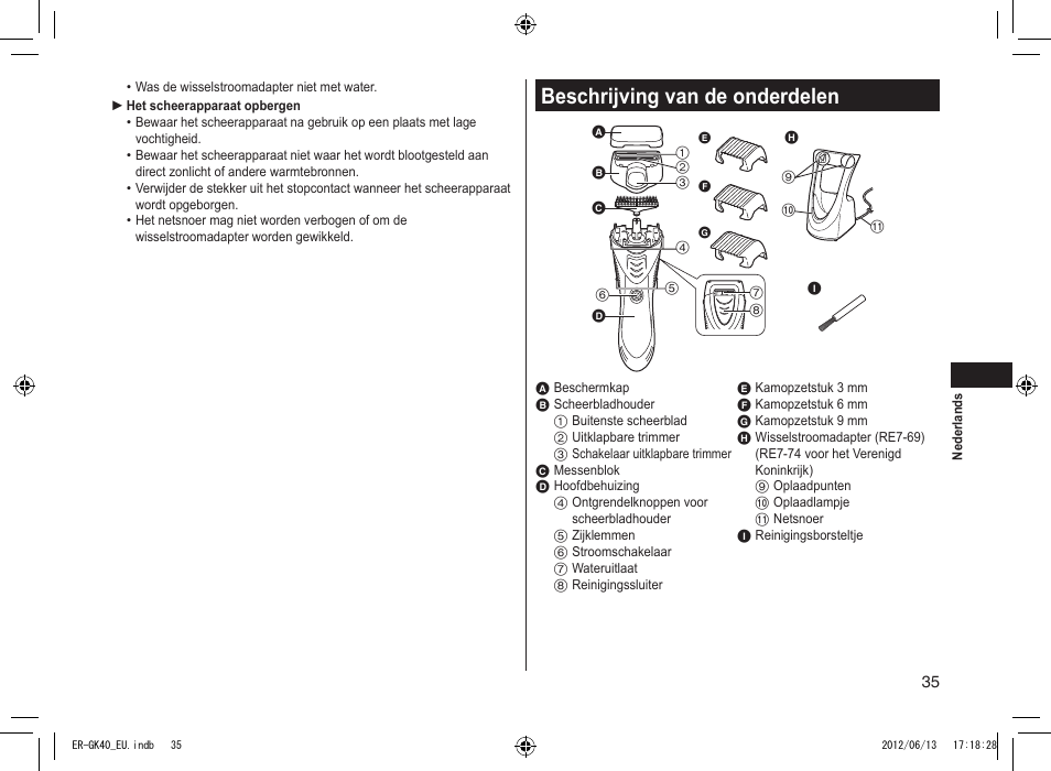 Beschrijving van de onderdelen | Panasonic ERGK40 User Manual | Page 35 / 140