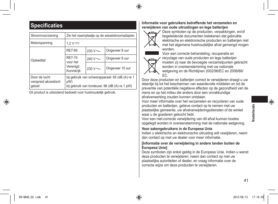 Specificaties | Panasonic ERGK40 User Manual | Page 41 / 140