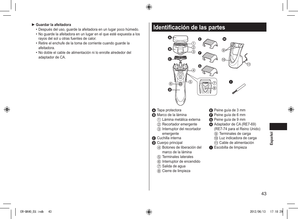 Identificación de las partes | Panasonic ERGK40 User Manual | Page 43 / 140