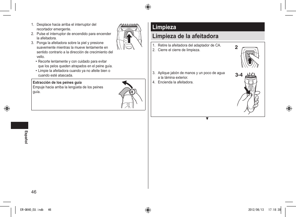 Limpieza limpieza de la afeitadora | Panasonic ERGK40 User Manual | Page 46 / 140