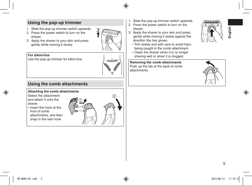 Using the pop‑up trimmer, Using the comb attachments | Panasonic ERGK40 User Manual | Page 5 / 140