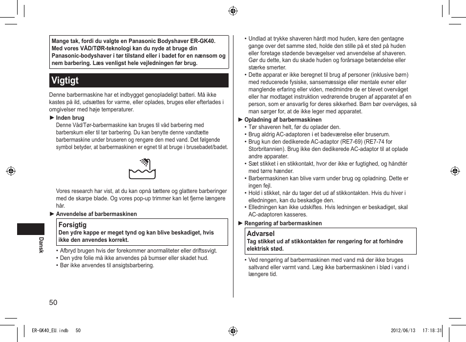 Vigtigt | Panasonic ERGK40 User Manual | Page 50 / 140