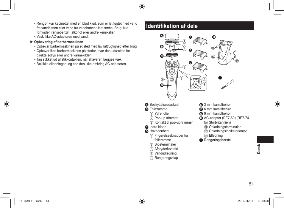 Identifikation af dele | Panasonic ERGK40 User Manual | Page 51 / 140