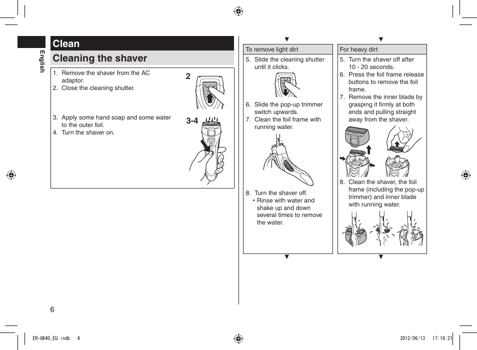 Clean cleaning the shaver | Panasonic ERGK40 User Manual | Page 6 / 140