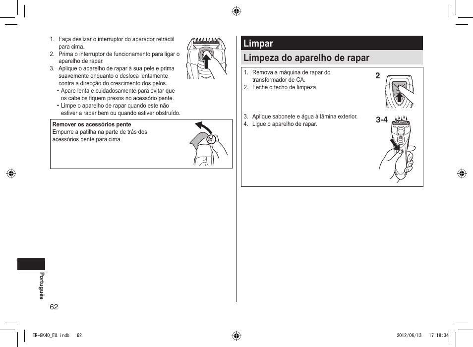 Limpar limpeza do aparelho de rapar | Panasonic ERGK40 User Manual | Page 62 / 140