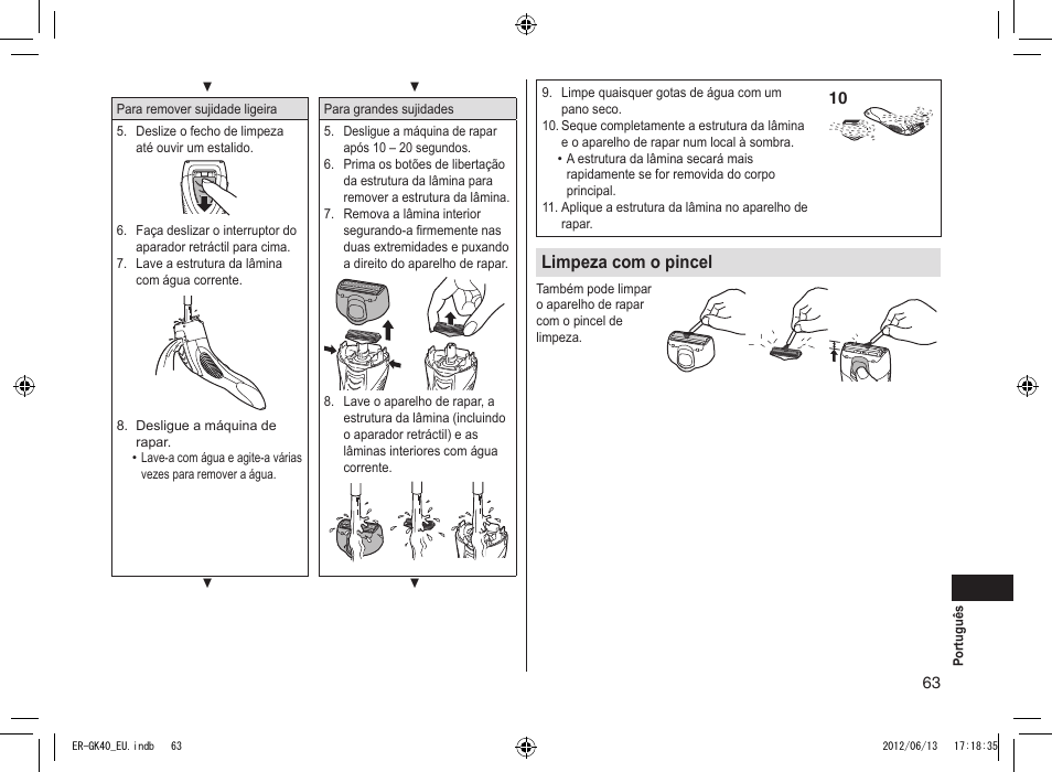 Limpeza com o pincel | Panasonic ERGK40 User Manual | Page 63 / 140