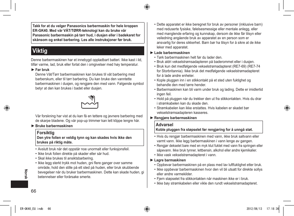 Viktig | Panasonic ERGK40 User Manual | Page 66 / 140