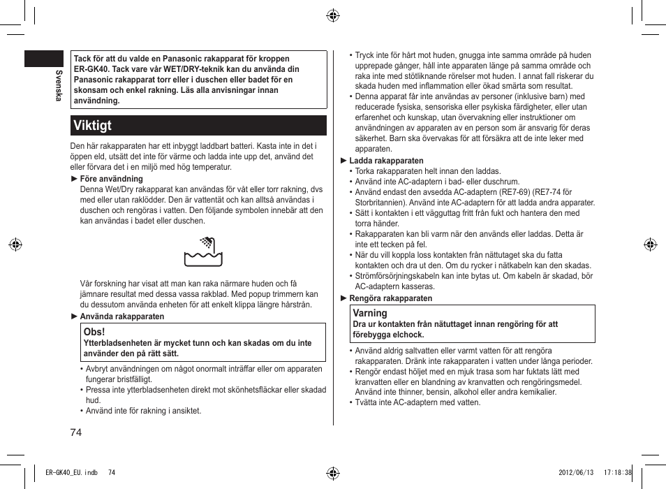 Viktigt | Panasonic ERGK40 User Manual | Page 74 / 140