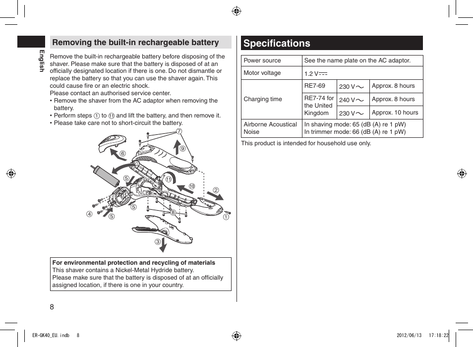 Specifications, Removing the built‑in rechargeable battery | Panasonic ERGK40 User Manual | Page 8 / 140