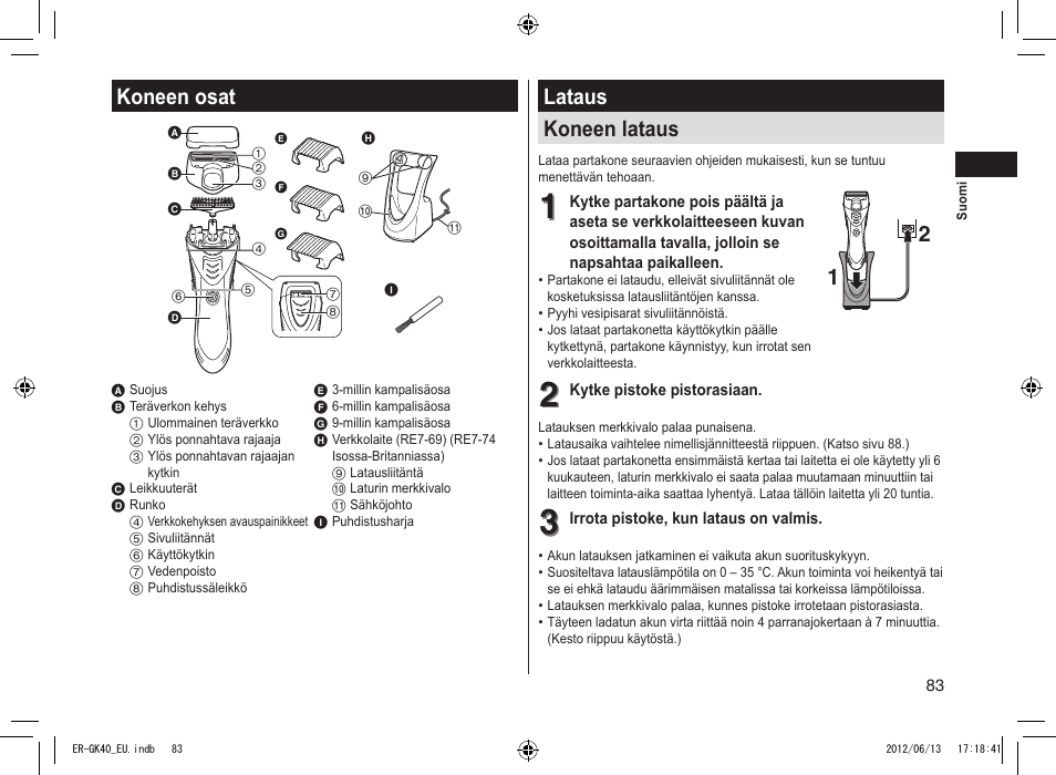 Koneen osat, Lataus koneen lataus | Panasonic ERGK40 User Manual | Page 83 / 140