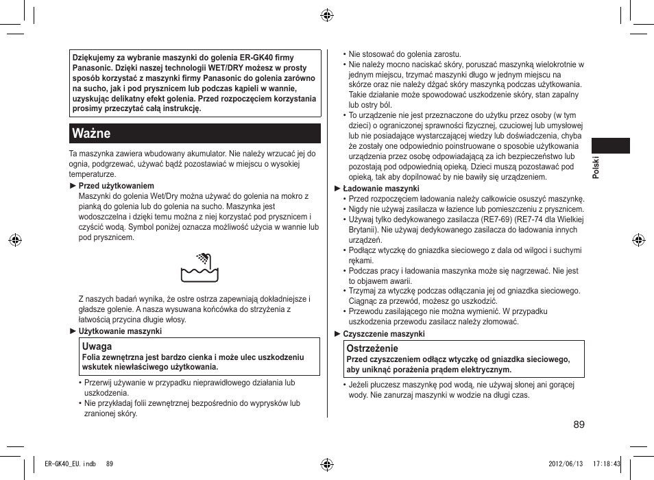 Ważne | Panasonic ERGK40 User Manual | Page 89 / 140