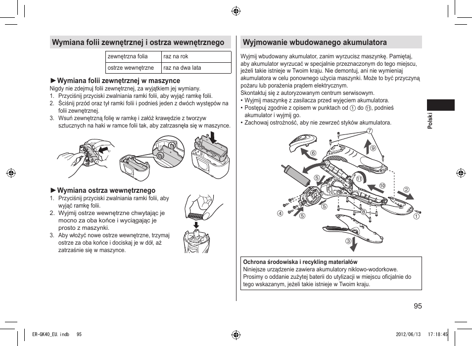 Wymiana folii zewnętrznej i ostrza wewnętrznego, Wyjmowanie wbudowanego akumulatora | Panasonic ERGK40 User Manual | Page 95 / 140