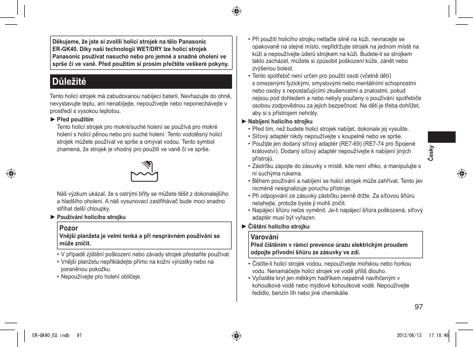 Důležité | Panasonic ERGK40 User Manual | Page 97 / 140