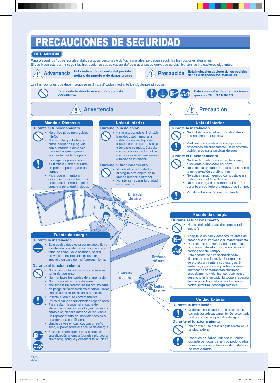 Precauciones de seguridad, Advertencia, Precaución | Advertencia precaución | Panasonic CUPC9GKD User Manual | Page 20 / 40