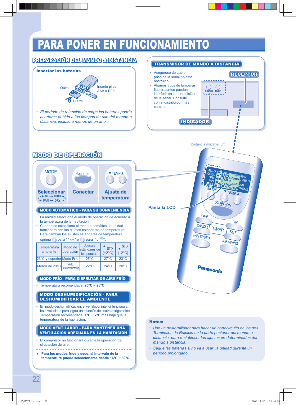 Para poner en funcionamiento, Preparación del mando a distancia | Panasonic CUPC9GKD User Manual | Page 22 / 40