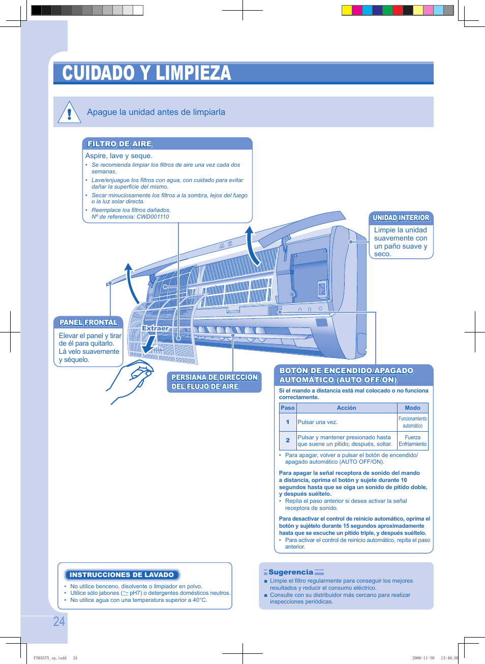 Cuidado y limpieza, Apague la unidad antes de limpiarla | Panasonic CUPC9GKD User Manual | Page 24 / 40