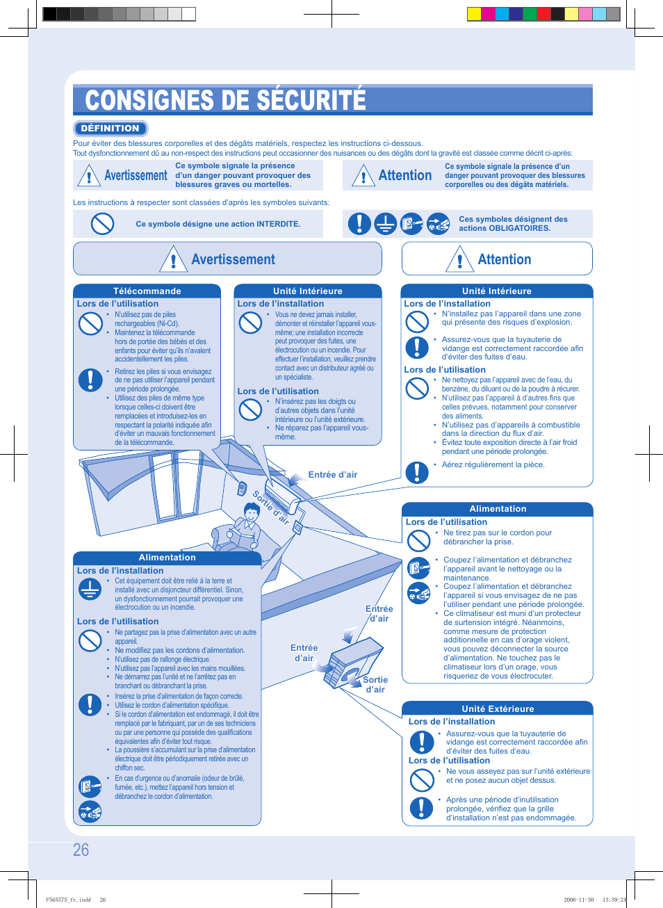 Consignes de sécurité, Avertissement, Attention | Avertissement attention | Panasonic CUPC9GKD User Manual | Page 26 / 40