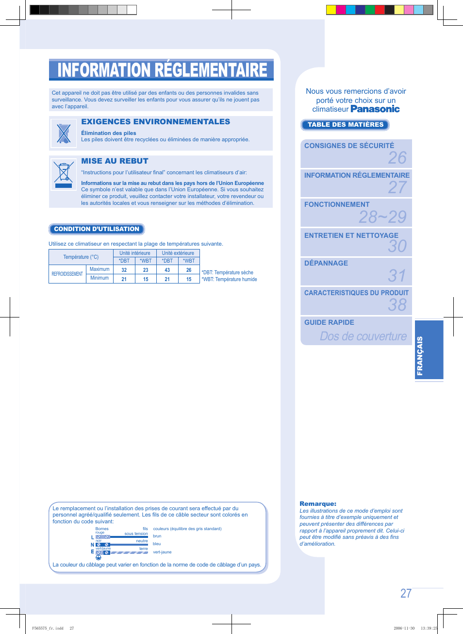 Information réglementaire, Dos de couverture | Panasonic CUPC9GKD User Manual | Page 27 / 40