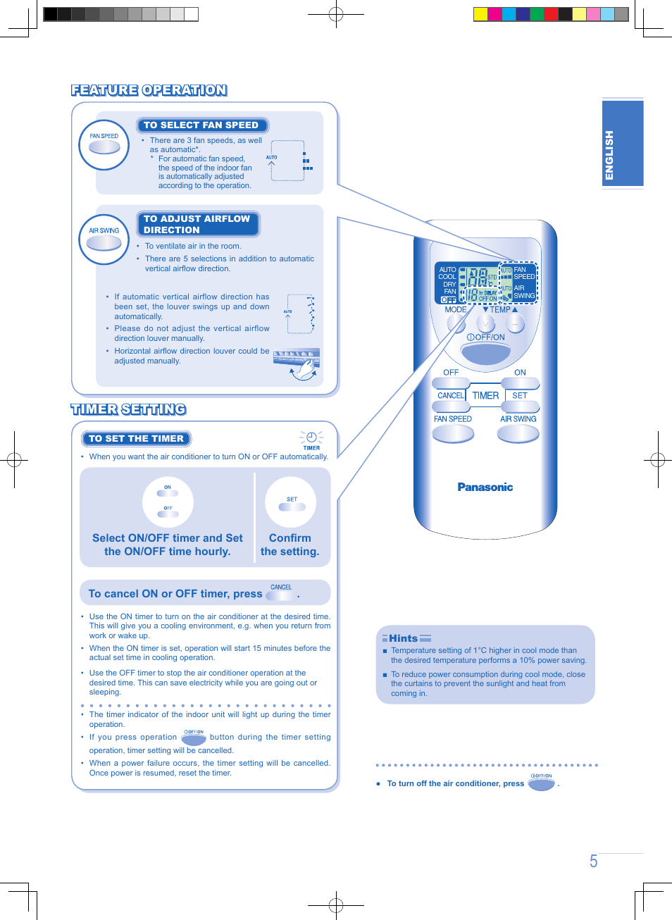 Feature operation, Feature operation timer setting timer setting | Panasonic CUPC9GKD User Manual | Page 5 / 40