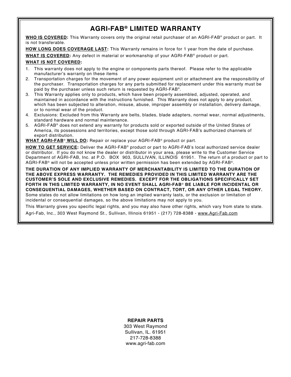 Agri-fab, Limited warranty | Agri-Fab 45-02102 User Manual | Page 12 / 12