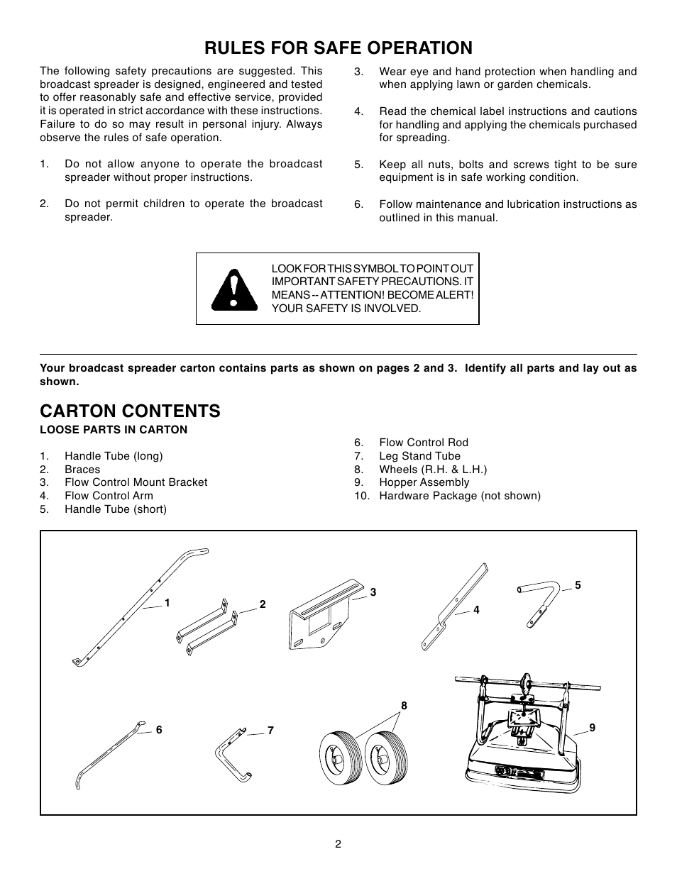 Rules for safe operation, Carton contents | Agri-Fab 45-02102 User Manual | Page 2 / 12