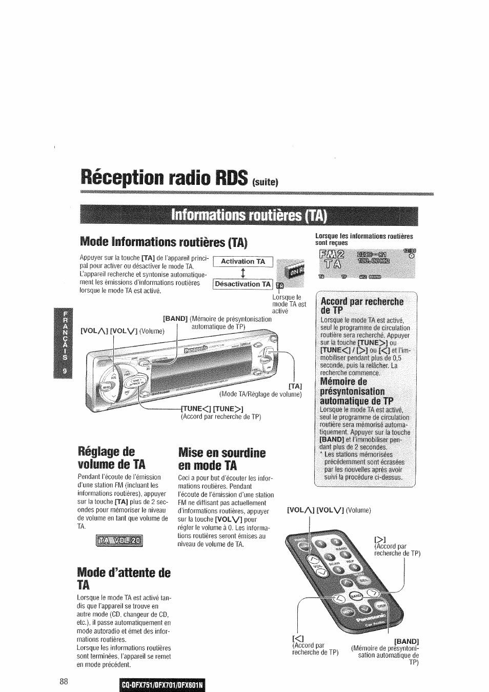 Réception radio rds, Informations routières (ta), Moie liformations roitières fta | Iéglage ie idlirie ie ta, Mise ei sdirdire ei mode ta, Mode d’atteite de ti, Îtsp | Panasonic CQDFX601 User Manual | Page 12 / 41