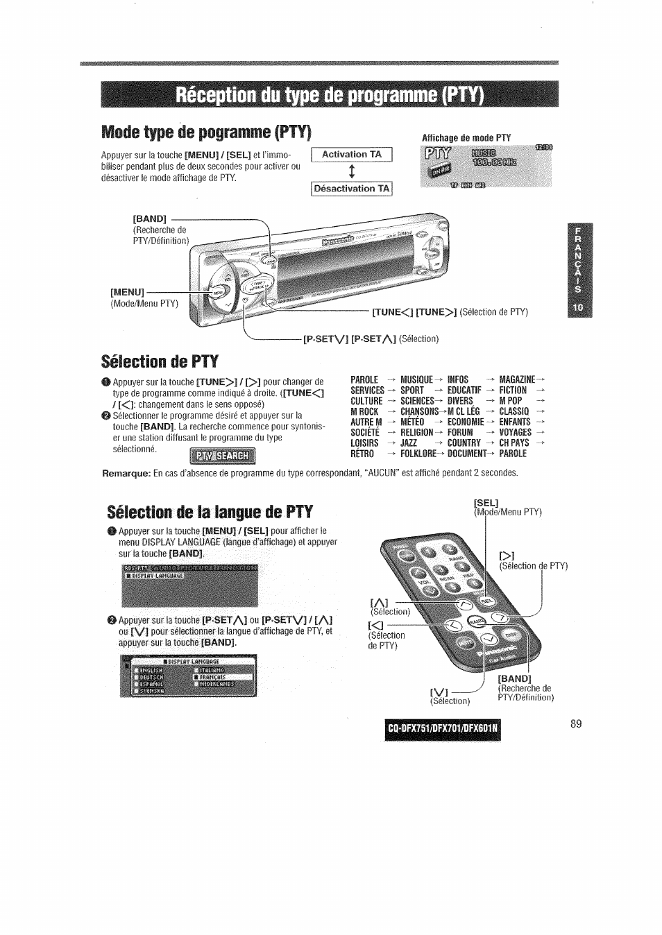 Réception du type de programme (pt, Mode tf pe ie piiramme |pt, Sélectioi ie pt | Sélectioi ie la iangpe ie pty | Panasonic CQDFX601 User Manual | Page 13 / 41