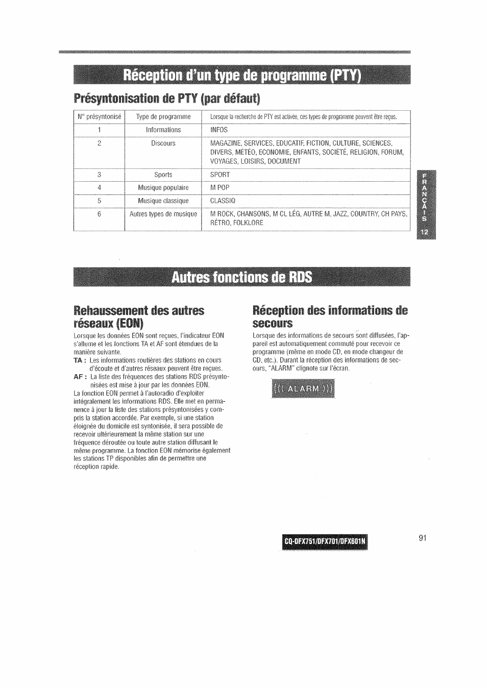 Réception d’un type de programme (pty, Autres f, Prisptiiisatiii ie pt¥ fpar iéfait | Ielaissemeit les aitres réseau feoil, Léceptisi les iifirmatiiis ii seciirs | Panasonic CQDFX601 User Manual | Page 15 / 41