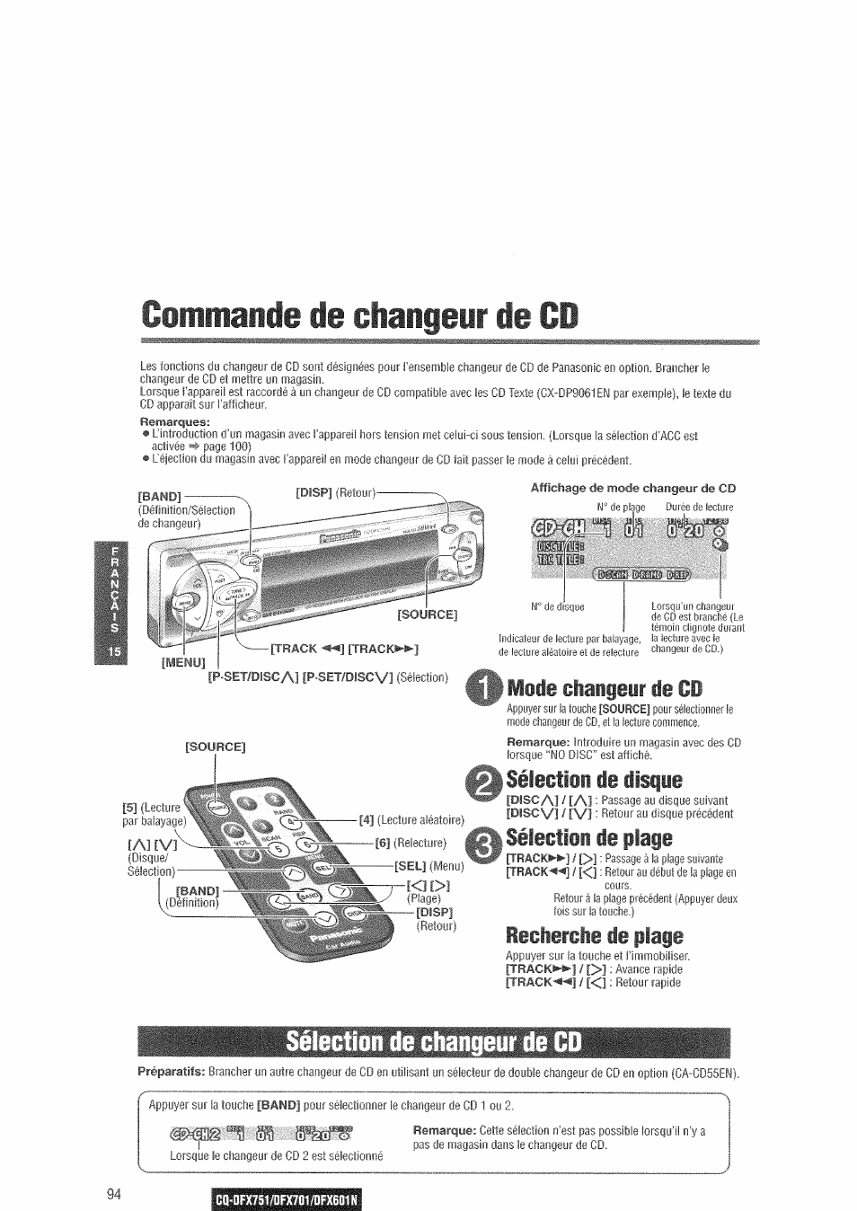 Commande de changeur de cd, Sélection de changeur de cd, Sélectisi de disqie | Sélectiii de plaie, Meie claigeir ie ci, Ieclercii ie piaie, Ai fvj | Panasonic CQDFX601 User Manual | Page 18 / 41