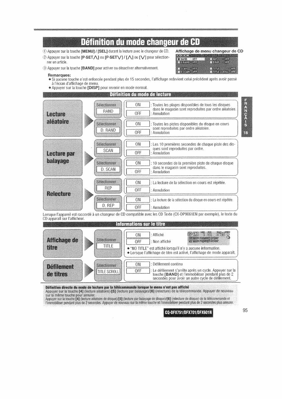 Définition du mode de lecture, Définition du mode changeur de cd, De titres | Panasonic CQDFX601 User Manual | Page 19 / 41