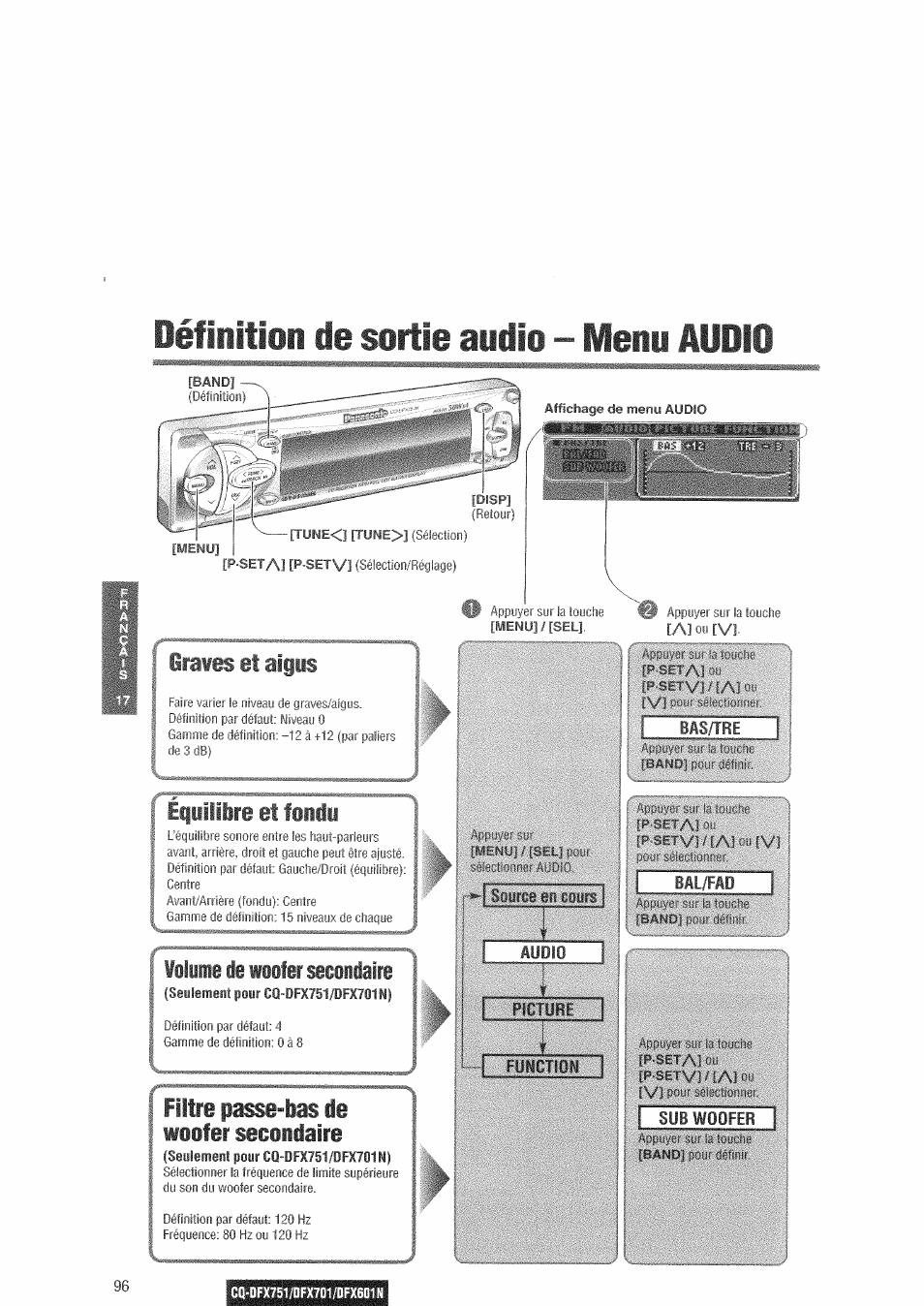 Définition de sortie audio - menu audio, Irai es et aifis, Filtre passe-bas ie wiefer seceidaire | Filibi ii «tilif seewiaif | Panasonic CQDFX601 User Manual | Page 20 / 41