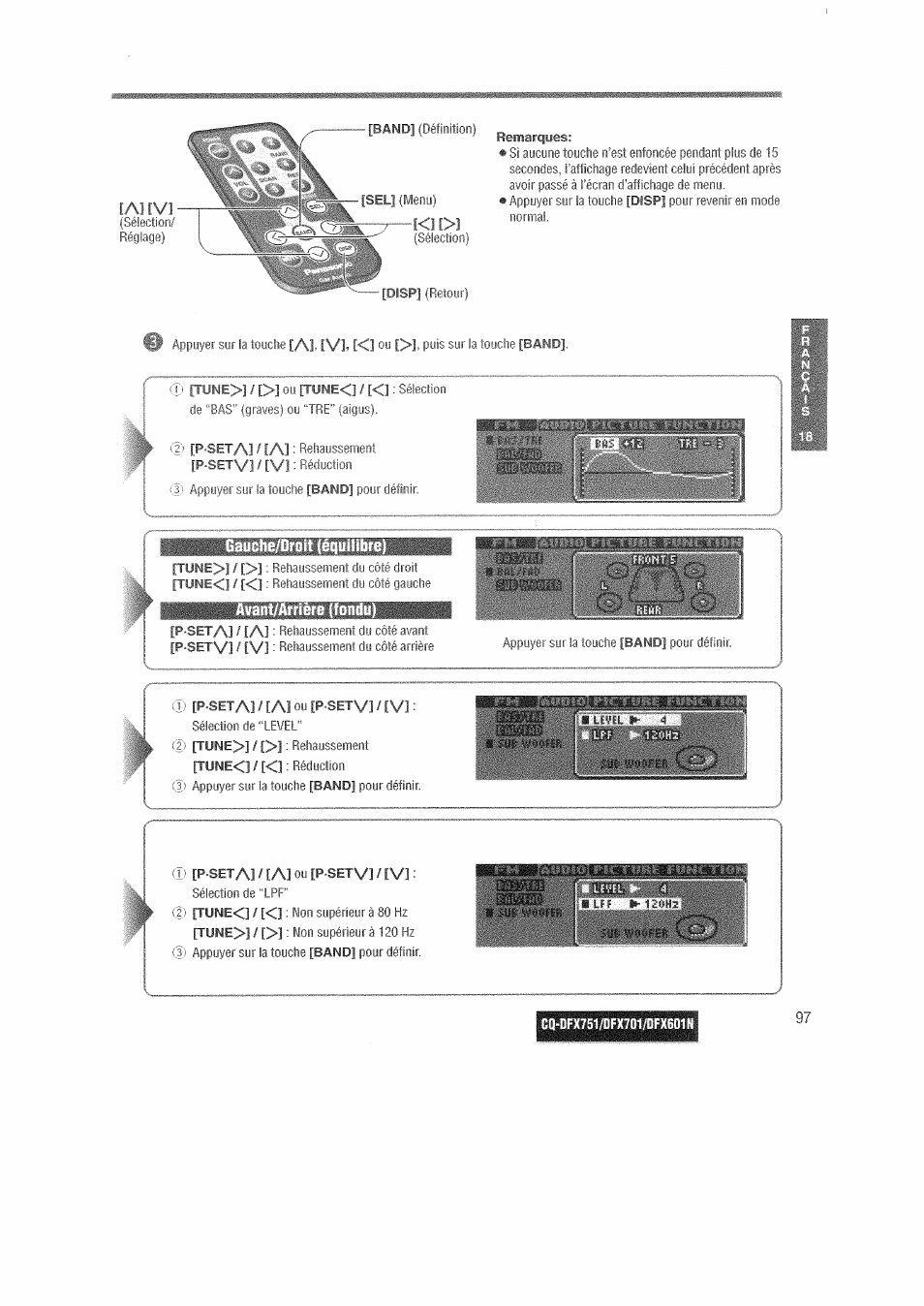 Gauche/droit (équilibre), Avant/arrière (fondu), P.seta]/[a | Panasonic CQDFX601 User Manual | Page 21 / 41