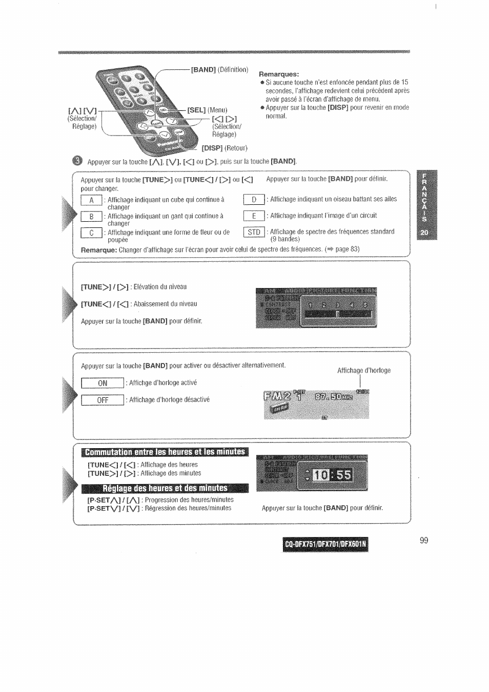 Commutation entre les heures et les minutes, Réglage des heures et des minutes | Panasonic CQDFX601 User Manual | Page 23 / 41